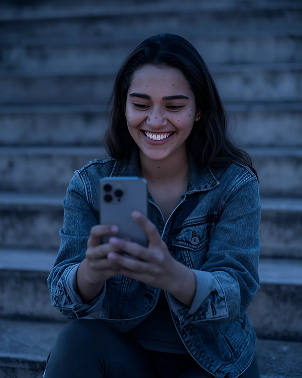Creator de jaqueta jeans gravando a si mesma com o celular numa escadaria da cidade ao entardecer