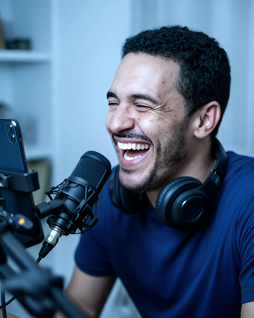 Creator rindo ao microfone enquanto grava um vídeo com o celular num estúdio caseiro