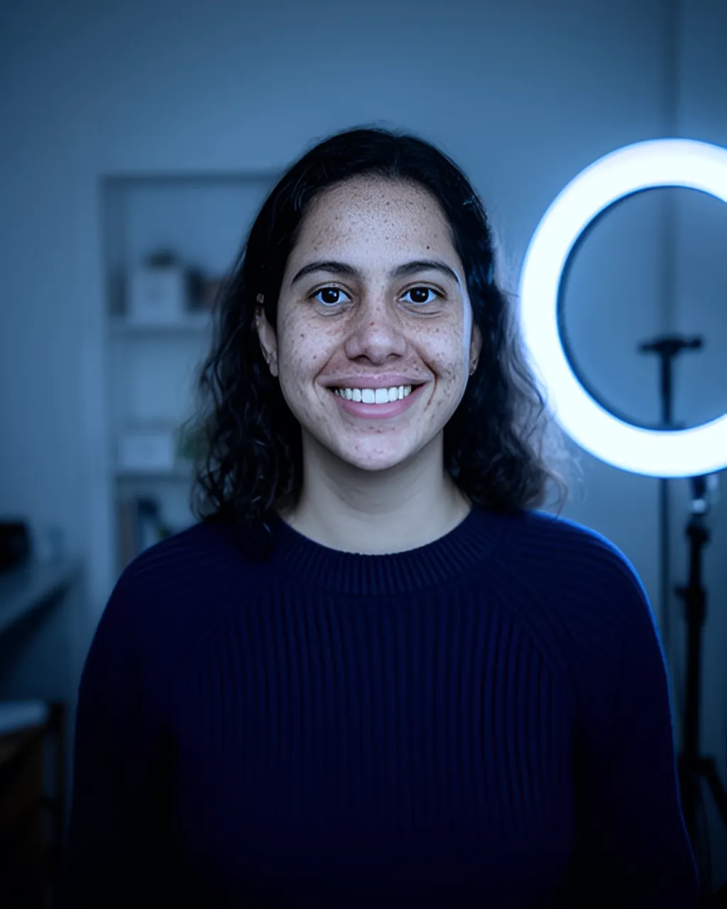 Creator gravando com o celular no tripé e ring light num estúdio caseiro com luz azul
