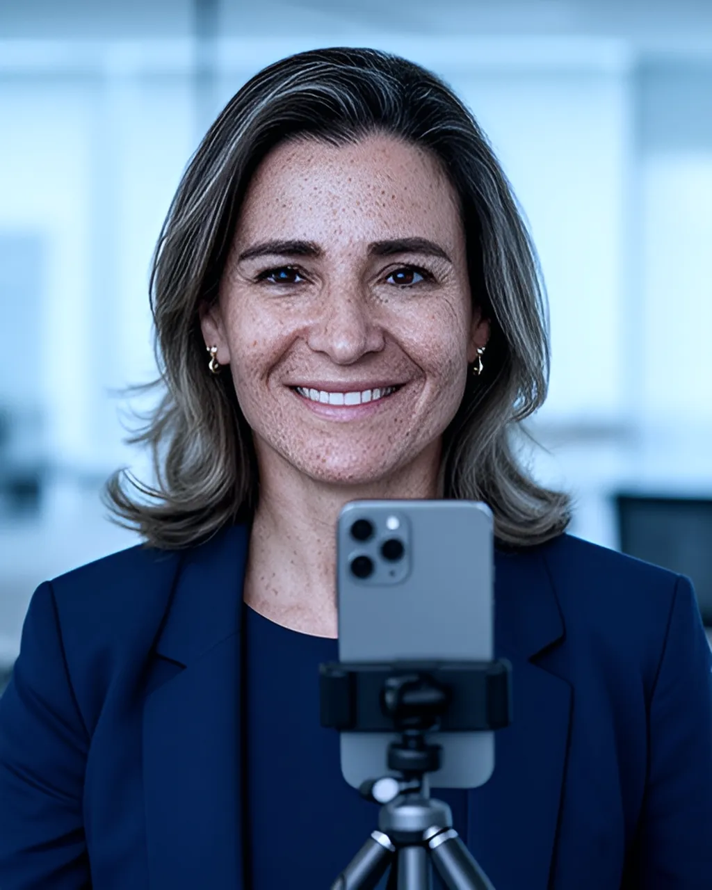 Empresária de blazer gravando um vídeo com o celular no tripé num escritório