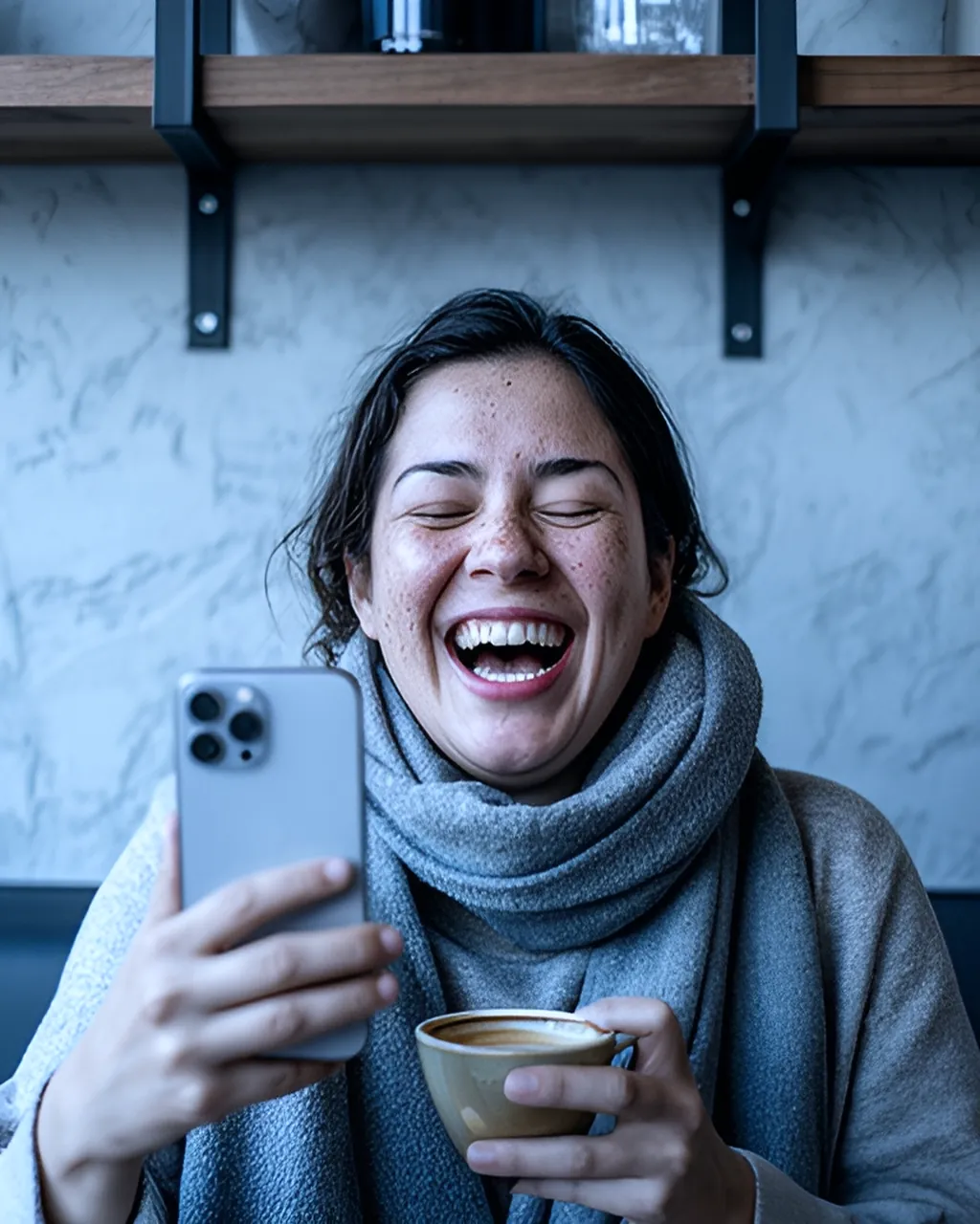 Creator rindo alto enquanto grava com o celular e segura um café, de cachecol, num dia frio