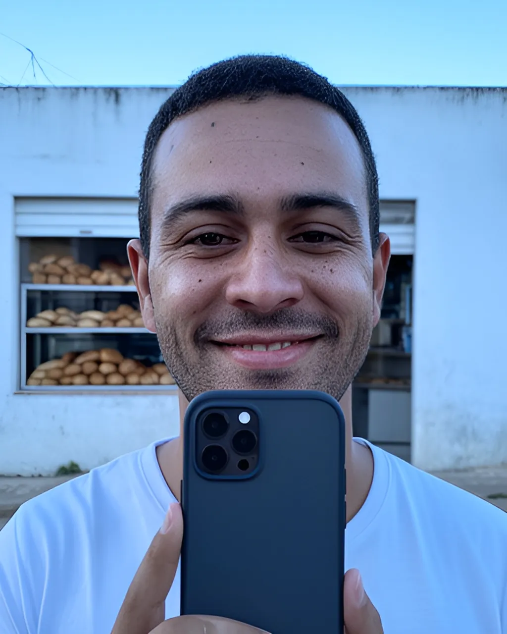 Creator gravando uma selfie com o celular na calçada, em frente a uma padaria de bairro