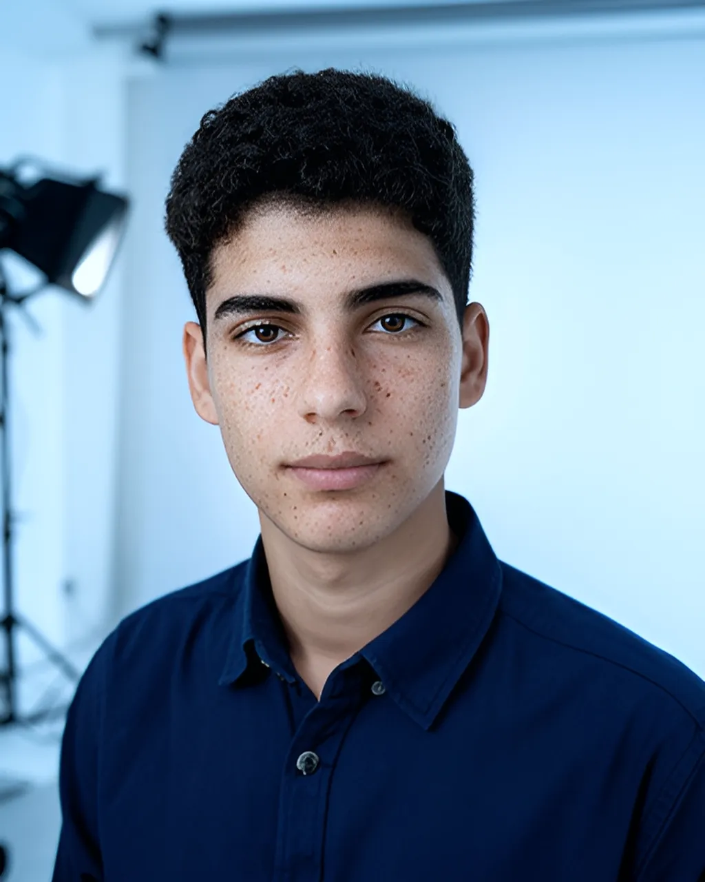 Modelo em ensaio de roupa num estúdio claro, com a luz de estúdio nas bordas